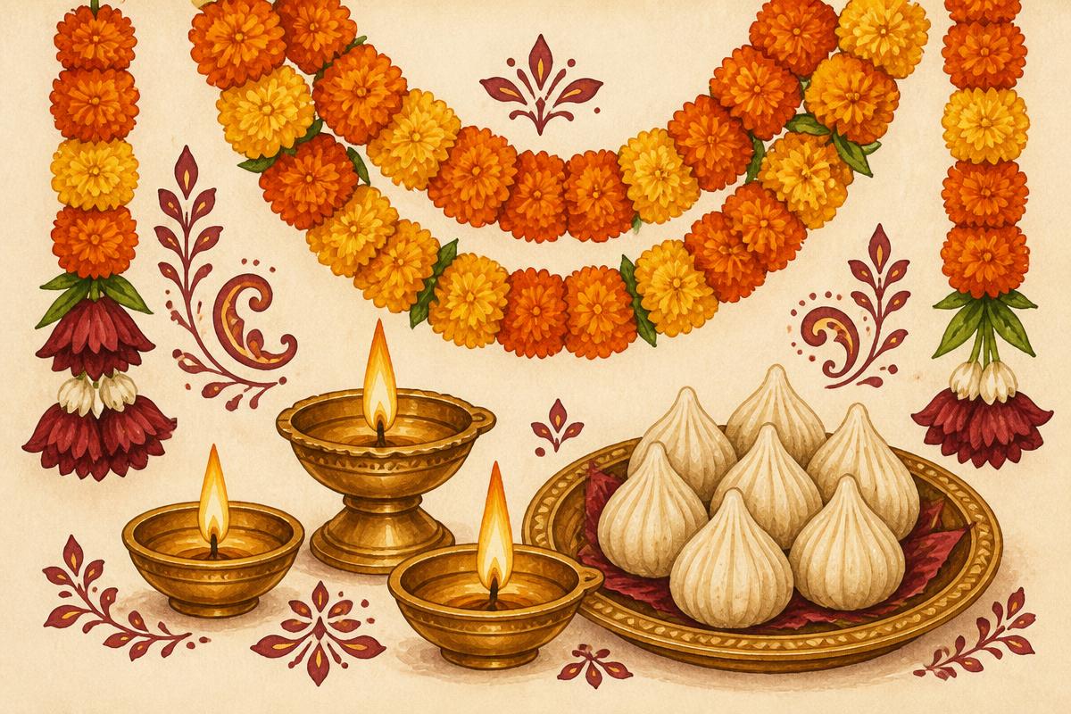 Illustration of marigold garlands, brass diya lamps and a plate of modak