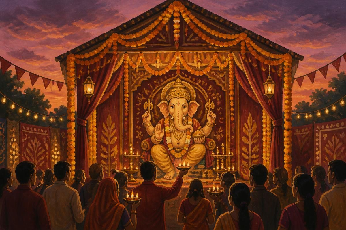 Illustration of the community pandal at dusk with residents gathered for aarti